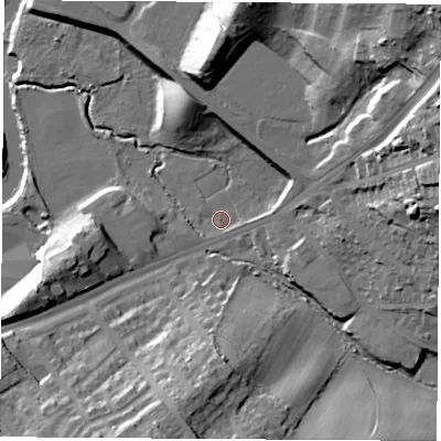 Shaded relief map of the ground around S653ES, computed from Environment Agency LiDAR. The ground here sits at about 23 m above sea level and falls 42 m across the surrounding 800 m. Surface water reaching this point runs off ground lying to the east-north-east, 28.4 m higher.