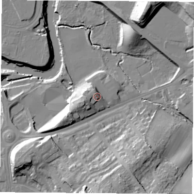 Shaded relief map of the ground around S653ET, computed from Environment Agency LiDAR. The ground here sits at about 30 m above sea level and falls 31 m across the surrounding 800 m. Surface water reaching this point runs off ground lying to the west, 4.0 m higher.