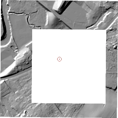 Shaded relief map of the ground around S653EW, computed from Environment Agency LiDAR. and falls 36 m across the surrounding 800 m.