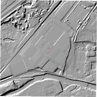 Shaded relief map of the ground around S653SH, computed from Environment Agency LiDAR. The ground here sits at about 25 m above sea level and falls 14 m across the surrounding 800 m. The ground contributing surface water to this point lies to the south-east.