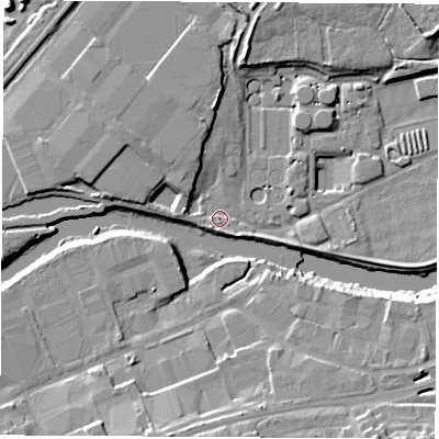 Shaded relief map of the ground around S653SP, computed from Environment Agency LiDAR. The ground here sits at about 22 m above sea level and falls 14 m across the surrounding 800 m. Surface water reaching this point runs off ground lying to the north-west, 5.9 m higher.