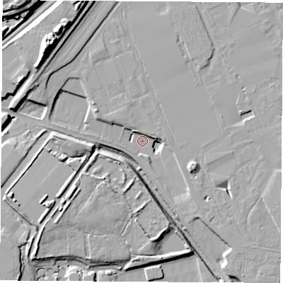 Shaded relief map of the ground around S653SR, computed from Environment Agency LiDAR. The ground here sits at about 24 m above sea level and falls 22 m across the surrounding 800 m. Surface water reaching this point runs off ground lying to the east-north-east, 5.0 m higher.