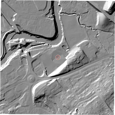 Shaded relief map of the ground around S653SW, computed from Environment Agency LiDAR. The ground here sits at about 23 m above sea level and falls 32 m across the surrounding 800 m. Surface water reaching this point runs off ground lying to the south, 15.7 m higher.