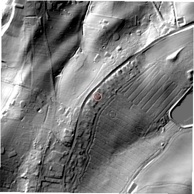 Shaded relief map of the ground around S654NU, computed from Environment Agency LiDAR. The ground here sits at about 62 m above sea level and falls 39 m across the surrounding 800 m. Surface water reaching this point runs off ground lying to the south-west, 7.6 m higher.