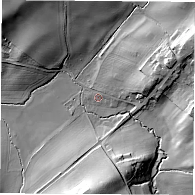 Shaded relief map of the ground around S654PE, computed from Environment Agency LiDAR. The ground here sits at about 25 m above sea level and falls 35 m across the surrounding 800 m. Surface water reaching this point runs off ground lying to the east-north-east, 14.2 m higher.