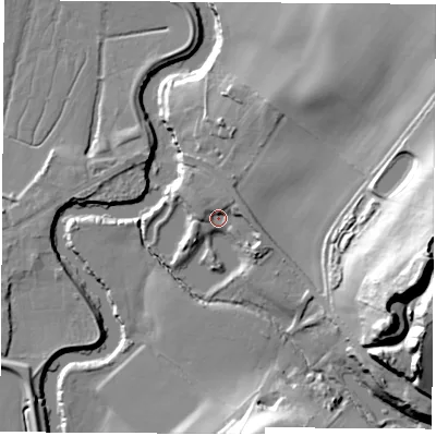 Shaded relief map of the ground around S654TE, computed from Environment Agency LiDAR. The ground here sits at about 20 m above sea level and falls 44 m across the surrounding 800 m. Surface water reaching this point runs off ground lying to the east-north-east, 4.9 m higher.