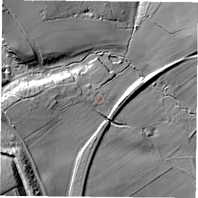Shaded relief map of the ground around S667QY, computed from Environment Agency LiDAR. The ground here sits at about 59 m above sea level and falls 43 m across the surrounding 800 m. Surface water reaching this point runs off ground lying to the west-north-west, 2.3 m higher.