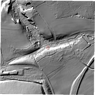 Shaded relief map of the ground around S667RB, computed from Environment Agency LiDAR. The ground here sits at about 60 m above sea level and falls 44 m across the surrounding 800 m. Surface water reaching this point runs off ground lying to the west-south-west, 25.4 m higher.