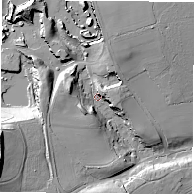 Shaded relief map of the ground around S667RD, computed from Environment Agency LiDAR. The ground here sits at about 64 m above sea level and falls 44 m across the surrounding 800 m. Surface water reaching this point runs off ground lying to the north-west, 19.1 m higher.