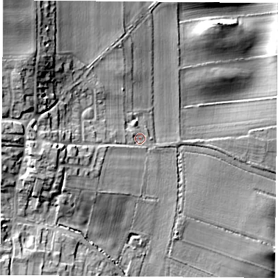 Shaded relief map of the ground around S667RJ, computed from Environment Agency LiDAR. The ground here sits at about 98 m above sea level and falls 25 m across the surrounding 800 m. Surface water reaching this point runs off ground lying to the west, 8.9 m higher.