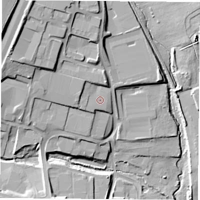 Shaded relief map of the ground around S668HN, computed from Environment Agency LiDAR. The ground here sits at about 102 m above sea level and falls 29 m across the surrounding 800 m. Surface water reaching this point runs off ground lying to the west, 1.1 m higher.