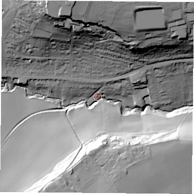 Shaded relief map of the ground around S668NB, computed from Environment Agency LiDAR. The ground here sits at about 80 m above sea level and falls 53 m across the surrounding 800 m. Surface water reaching this point runs off ground lying to the north-north-west, 51.8 m higher.