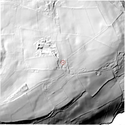 Shaded relief map of the ground around S66GY, computed from Environment Agency LiDAR. The ground here sits at about 215 m above sea level and falls 89 m across the surrounding 800 m. Surface water reaching this point runs off ground lying to the west-south-west, 9.4 m higher.
