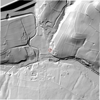 Shaded relief map of the ground around S66LB, computed from Environment Agency LiDAR. The ground here sits at about 161 m above sea level and falls 95 m across the surrounding 800 m. Surface water reaching this point runs off ground lying to the north-east, 31.2 m higher.