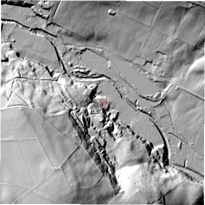 Shaded relief map of the ground around S66SD, computed from Environment Agency LiDAR. The ground here sits at about 117 m above sea level and falls 98 m across the surrounding 800 m. Surface water reaching this point runs off ground lying to the south-south-west, 84.0 m higher.