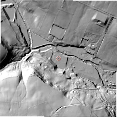 Shaded relief map of the ground around S66SX, computed from Environment Agency LiDAR. The ground here sits at about 121 m above sea level and falls 86 m across the surrounding 800 m. The ground contributing surface water to this point lies to the south.