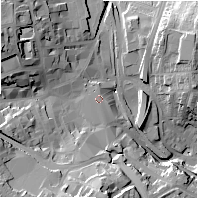 Shaded relief map of the ground around S701GW, computed from Environment Agency LiDAR. The ground here sits at about 97 m above sea level and falls 42 m across the surrounding 800 m. The ground contributing surface water to this point lies to the north.
