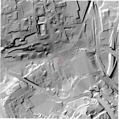 Shaded relief map of the ground around S701RJ, computed from Environment Agency LiDAR. The ground here sits at about 98 m above sea level and falls 43 m across the surrounding 800 m. Surface water reaching this point runs off ground lying to the south-west, 23.2 m higher.