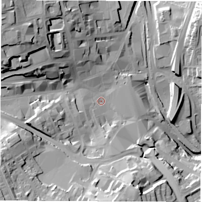 Shaded relief map of the ground around S701RR, computed from Environment Agency LiDAR. The ground here sits at about 97 m above sea level and falls 44 m across the surrounding 800 m. Surface water reaching this point runs off ground lying to the south-south-west, 20.6 m higher.