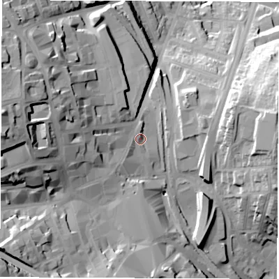Shaded relief map of the ground around S701SE, computed from Environment Agency LiDAR. The ground here sits at about 96 m above sea level and falls 57 m across the surrounding 800 m. Surface water reaching this point runs off ground lying to the west-north-west, 21.7 m higher.