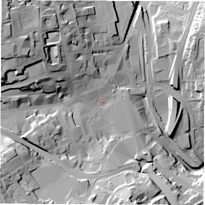 Shaded relief map of the ground around S701SH, computed from Environment Agency LiDAR. The ground here sits at about 96 m above sea level and falls 43 m across the surrounding 800 m. Surface water reaching this point runs off ground lying to the west-north-west, 29.6 m higher.