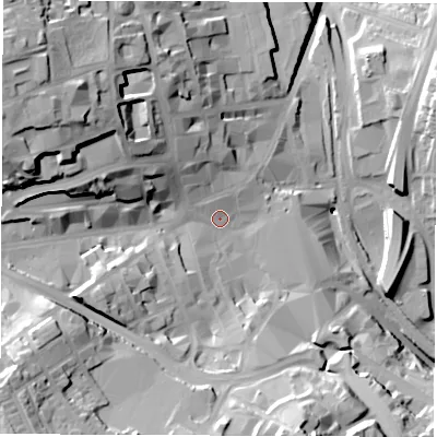Shaded relief map of the ground around S701SJ, computed from Environment Agency LiDAR. The ground here sits at about 98 m above sea level and falls 44 m across the surrounding 800 m. Surface water reaching this point runs off ground lying to the south-west, 22.8 m higher.
