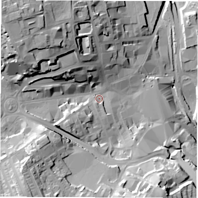 Shaded relief map of the ground around S701YA, computed from Environment Agency LiDAR. The ground here sits at about 100 m above sea level and falls 44 m across the surrounding 800 m. Surface water reaching this point runs off ground lying to the south-west, 12.5 m higher.