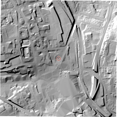Shaded relief map of the ground around S702JL, computed from Environment Agency LiDAR. The ground here sits at about 98 m above sea level and falls 56 m across the surrounding 800 m. Surface water reaching this point runs off ground lying to the west-north-west, 21.1 m higher.