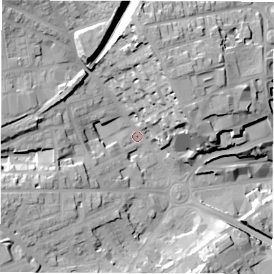 Shaded relief map of the ground around S702NH, computed from Environment Agency LiDAR. The ground here sits at about 107 m above sea level and falls 30 m across the surrounding 800 m. Surface water reaching this point runs off ground lying to the north, 24.3 m higher.