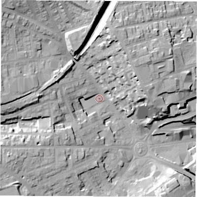 Shaded relief map of the ground around S702NP, computed from Environment Agency LiDAR. The ground here sits at about 109 m above sea level and falls 29 m across the surrounding 800 m. Surface water reaching this point runs off ground lying to the north-north-east, 23.3 m higher.