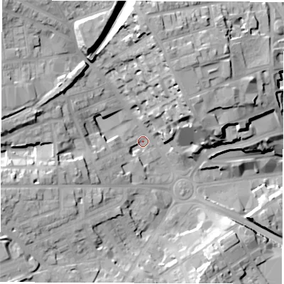 Shaded relief map of the ground around S702NZ, computed from Environment Agency LiDAR. The ground here sits at about 107 m above sea level and falls 30 m across the surrounding 800 m. Surface water reaching this point runs off ground lying to the north, 24.6 m higher.