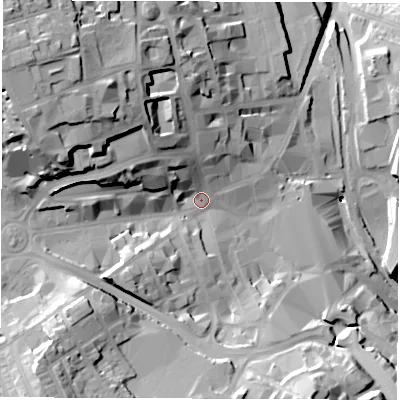 Shaded relief map of the ground around S702PL, computed from Environment Agency LiDAR. The ground here sits at about 99 m above sea level and falls 46 m across the surrounding 800 m. Surface water reaching this point runs off ground lying to the west-north-west, 29.3 m higher.