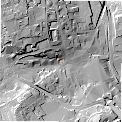 Shaded relief map of the ground around S702QT, computed from Environment Agency LiDAR. The ground here sits at about 99 m above sea level and falls 47 m across the surrounding 800 m. Surface water reaching this point runs off ground lying to the west-north-west, 28.5 m higher.