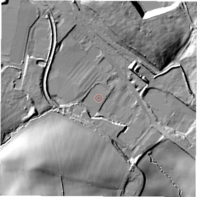 Shaded relief map of the ground around S703NS, computed from Environment Agency LiDAR. The ground here sits at about 48 m above sea level and falls 37 m across the surrounding 800 m. Surface water reaching this point runs off ground lying to the west-north-west, 1.2 m higher.