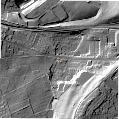 Shaded relief map of the ground around S703QE, computed from Environment Agency LiDAR. The ground here sits at about 79 m above sea level and falls 64 m across the surrounding 800 m. Surface water reaching this point runs off ground lying to the south-south-east, 48.5 m higher.