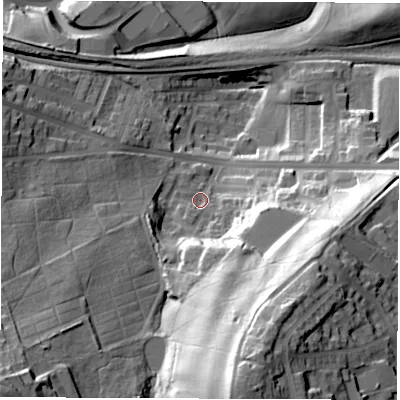 Shaded relief map of the ground around S703QH, computed from Environment Agency LiDAR. The ground here sits at about 80 m above sea level and falls 60 m across the surrounding 800 m. Surface water reaching this point runs off ground lying to the south-south-east, 46.2 m higher.