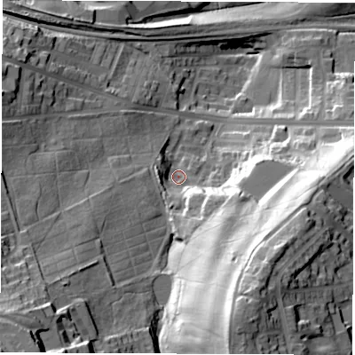 Shaded relief map of the ground around S703QL, computed from Environment Agency LiDAR. The ground here sits at about 83 m above sea level and falls 62 m across the surrounding 800 m. Surface water reaching this point runs off ground lying to the south-south-east, 32.1 m higher.