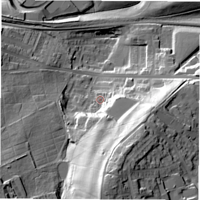 Shaded relief map of the ground around S703QN, computed from Environment Agency LiDAR. The ground here sits at about 83 m above sea level and falls 60 m across the surrounding 800 m. Surface water reaching this point runs off ground lying to the south-south-east, 41.7 m higher.