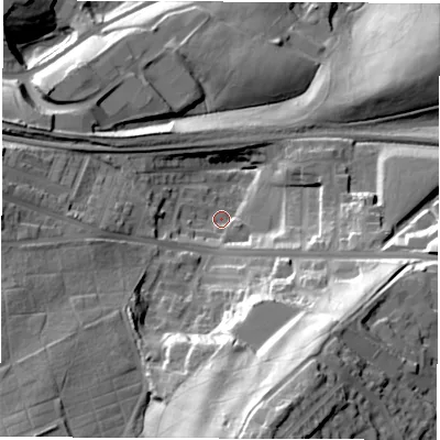 Shaded relief map of the ground around S703QX, computed from Environment Agency LiDAR. The ground here sits at about 73 m above sea level and falls 65 m across the surrounding 800 m. Surface water reaching this point runs off ground lying to the south, 51.8 m higher.