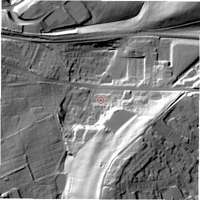 Shaded relief map of the ground around S703QZ, computed from Environment Agency LiDAR. The ground here sits at about 80 m above sea level and falls 63 m across the surrounding 800 m. Surface water reaching this point runs off ground lying to the south-south-east, 16.4 m higher.