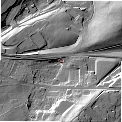 Shaded relief map of the ground around S703RW, computed from Environment Agency LiDAR. The ground here sits at about 73 m above sea level and falls 60 m across the surrounding 800 m. Surface water reaching this point runs off ground lying to the south-south-east, 46.9 m higher.