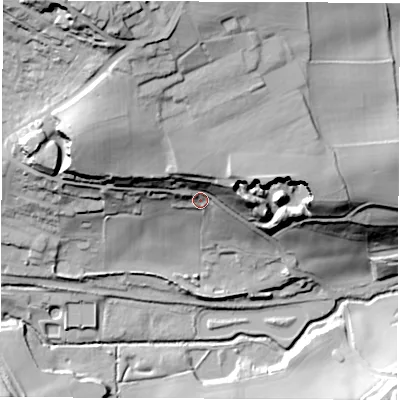 Shaded relief map of the ground around S704SZ, computed from Environment Agency LiDAR. The ground here sits at about 66 m above sea level and falls 67 m across the surrounding 800 m. Surface water reaching this point runs off ground lying to the north-north-west, 41.3 m higher.