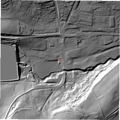 Shaded relief map of the ground around S705LJ, computed from Environment Agency LiDAR. The ground here sits at about 52 m above sea level and falls 56 m across the surrounding 800 m. Surface water reaching this point runs off ground lying to the north, 8.2 m higher.