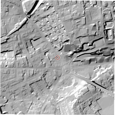 Shaded relief map of the ground around S706BN, computed from Environment Agency LiDAR. The ground here sits at about 106 m above sea level and falls 32 m across the surrounding 800 m. Surface water reaching this point runs off ground lying to the north, 25.8 m higher.