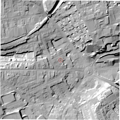 Shaded relief map of the ground around S706BP, computed from Environment Agency LiDAR. The ground here sits at about 112 m above sea level and falls 29 m across the surrounding 800 m. Surface water reaching this point runs off ground lying to the west, 7.4 m higher.
