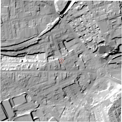 Shaded relief map of the ground around S706BS, computed from Environment Agency LiDAR. The ground here sits at about 115 m above sea level and falls 32 m across the surrounding 800 m. Surface water reaching this point runs off ground lying to the south-west, 2.5 m higher.
