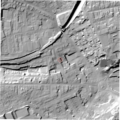 Shaded relief map of the ground around S706BT, computed from Environment Agency LiDAR. The ground here sits at about 115 m above sea level and falls 32 m across the surrounding 800 m. Surface water reaching this point runs off ground lying to the west-north-west, 11.6 m higher.