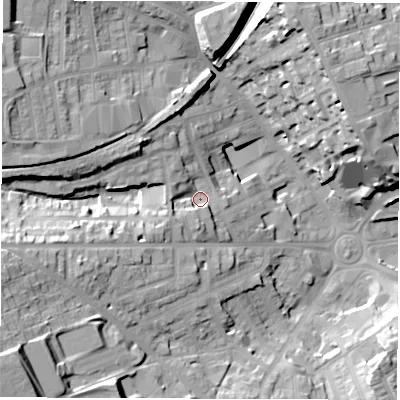 Shaded relief map of the ground around S706BU, computed from Environment Agency LiDAR. The ground here sits at about 115 m above sea level and falls 33 m across the surrounding 800 m. Surface water reaching this point runs off ground lying to the west-south-west, 15.3 m higher.