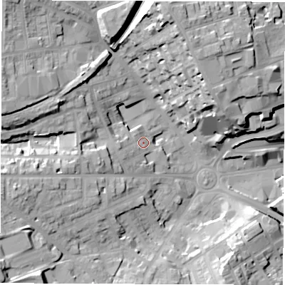 Shaded relief map of the ground around S706BX, computed from Environment Agency LiDAR. The ground here sits at about 111 m above sea level and falls 29 m across the surrounding 800 m. Surface water reaching this point runs off ground lying to the west-south-west, 8.3 m higher.