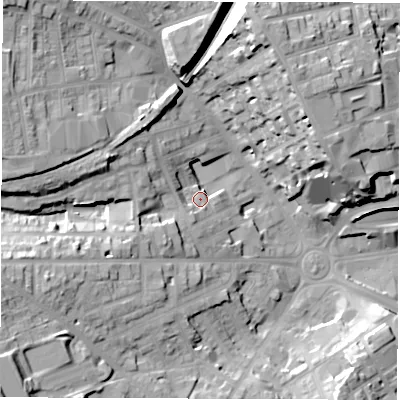 Shaded relief map of the ground around S706BY, computed from Environment Agency LiDAR. The ground here sits at about 112 m above sea level and falls 29 m across the surrounding 800 m. Surface water reaching this point runs off ground lying to the west-south-west, 11.9 m higher.